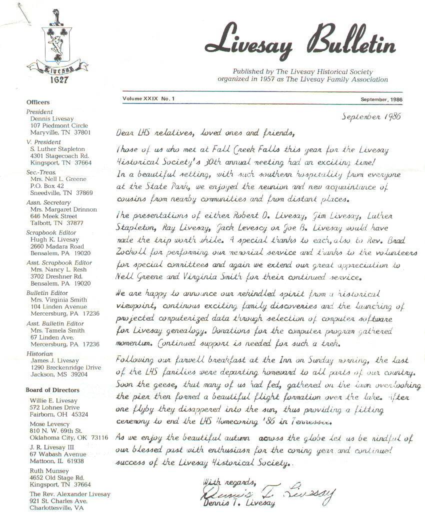Livesay Bulletin issue from September 1986
