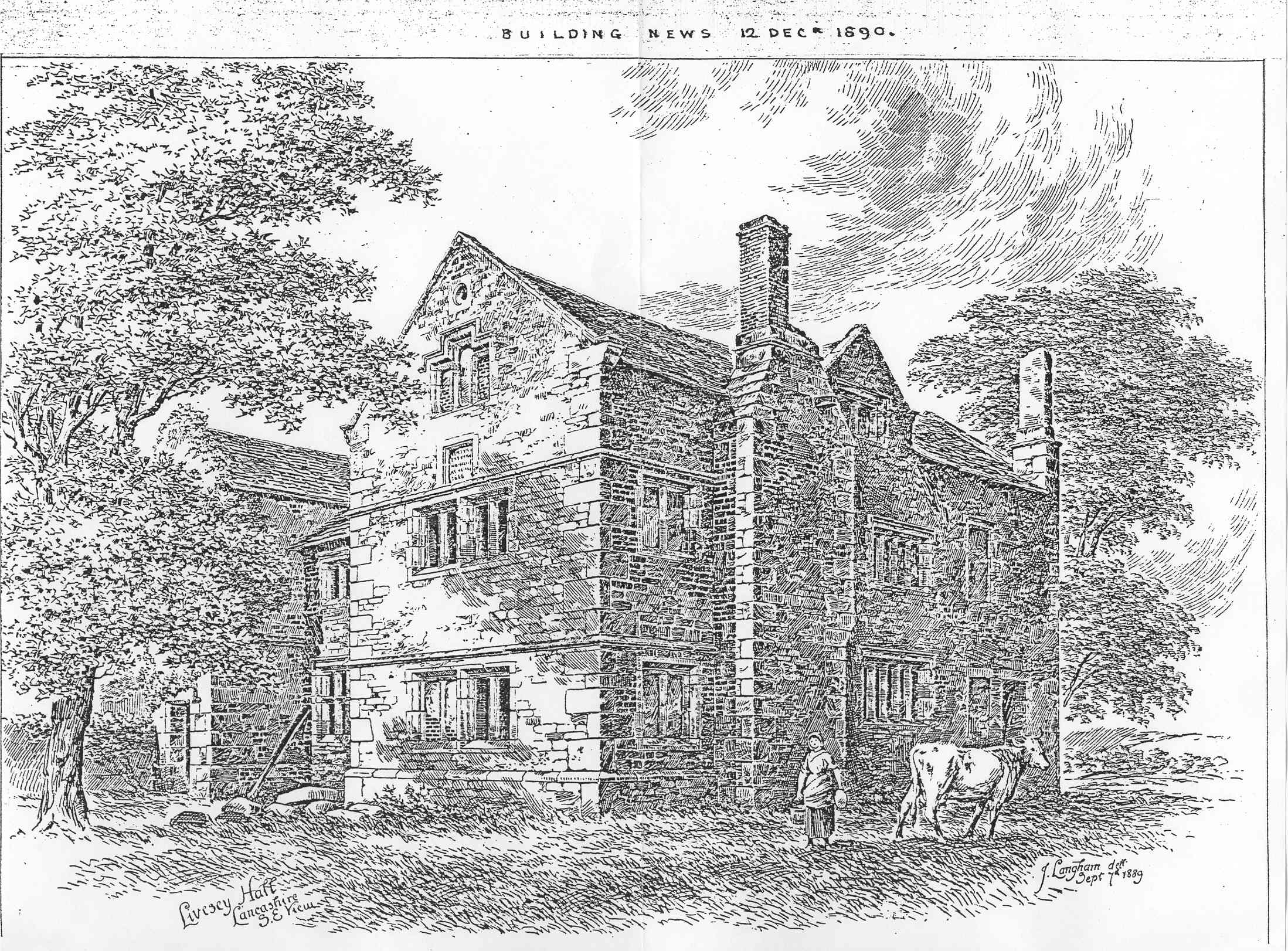 Historic drawing of Livesey Old Hall in Lancashire
