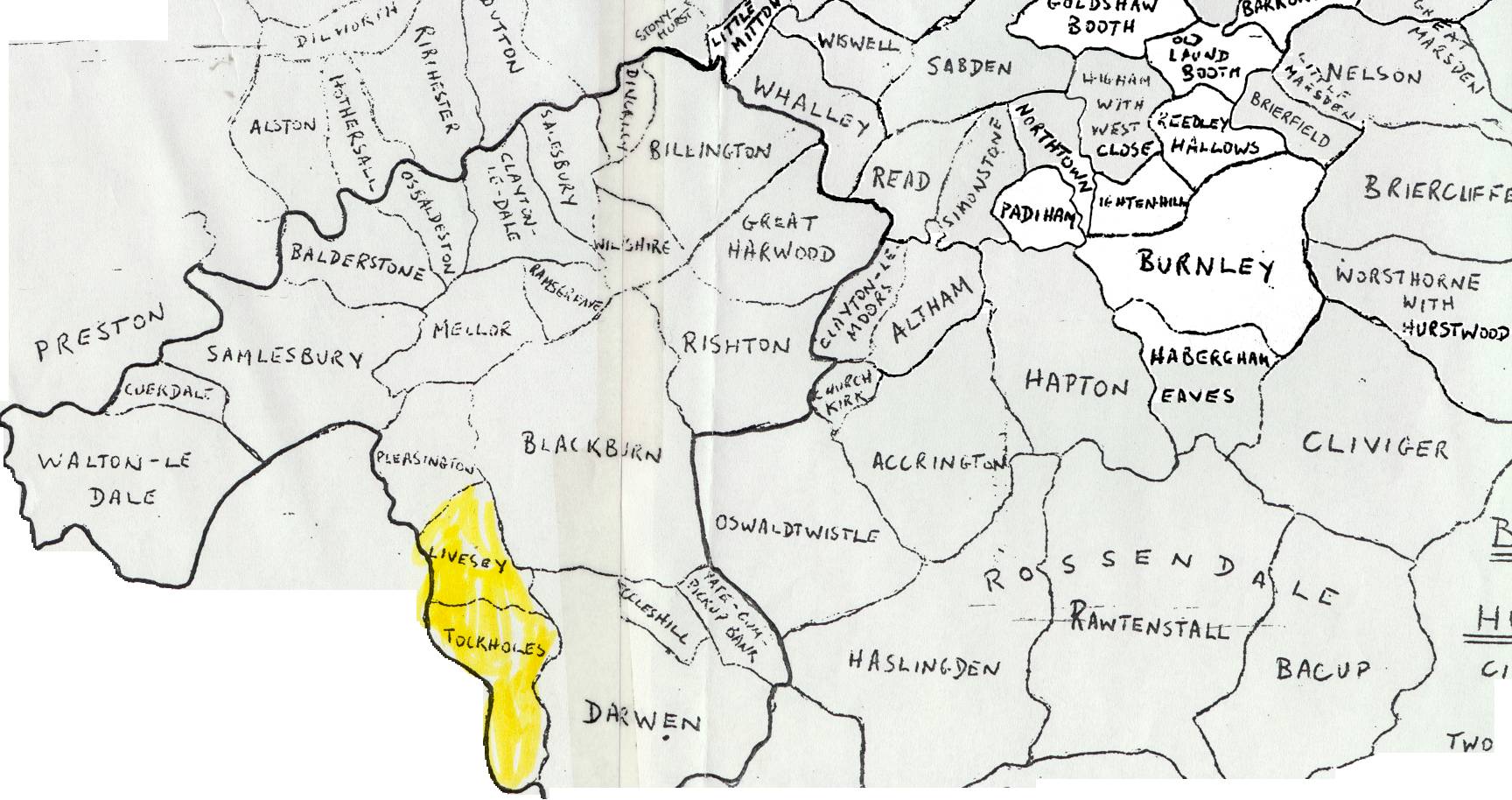 Historic map showing Livesey and Tockholes near Blackburn