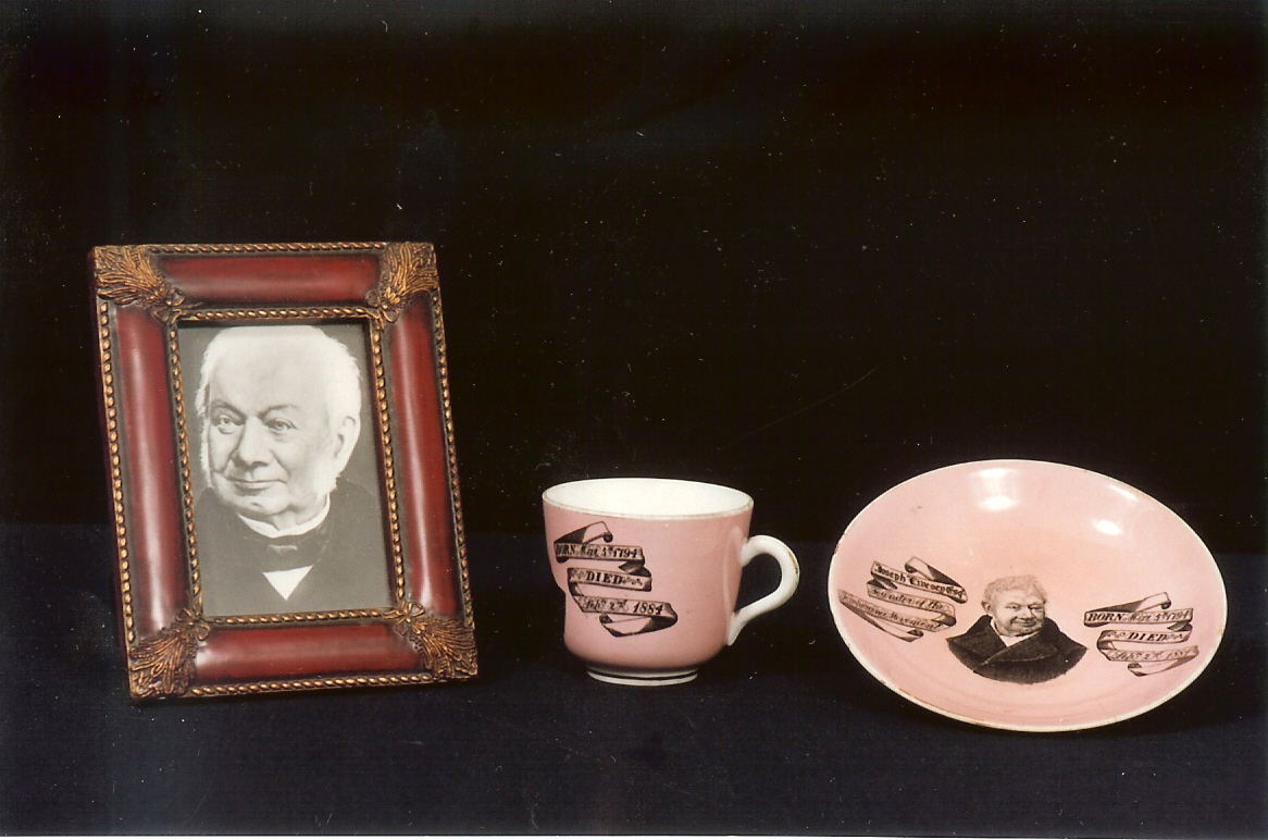 Framed portrait, cup, and plate associated with Joseph Livesey