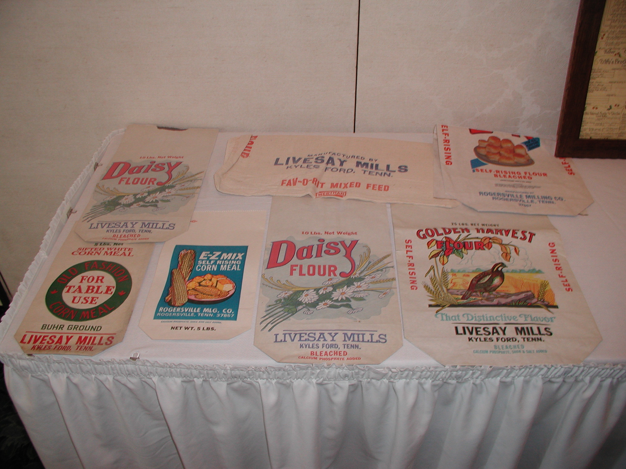 Display of flour sacks and Livesay Mill memorabilia